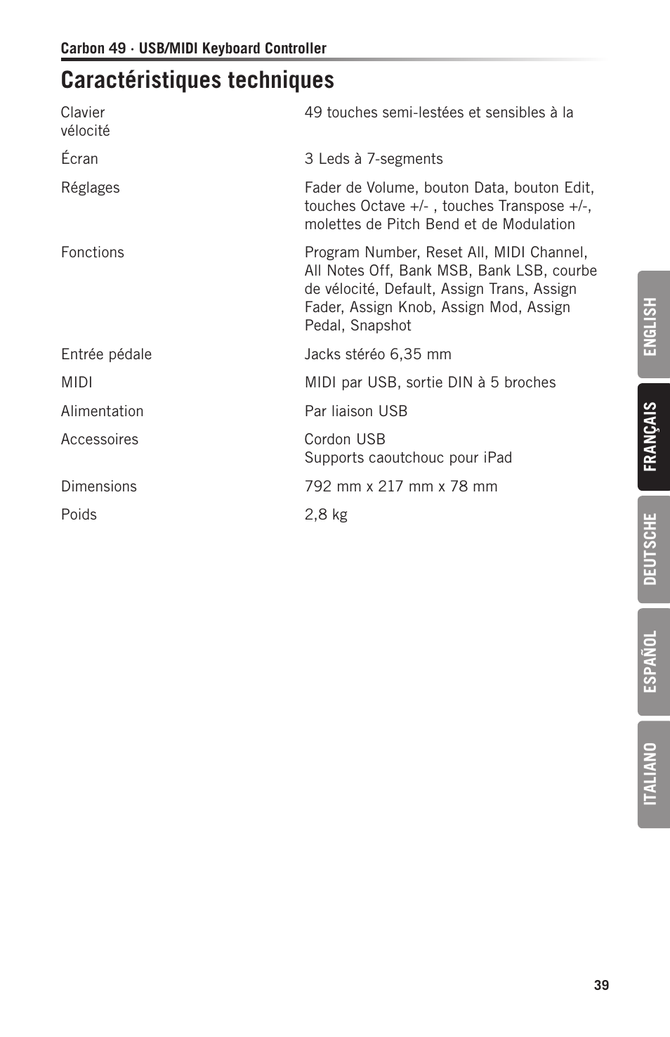 Caractéristiques techniques | Samson Carbon 49 USB/MIDI Keyboard Controller User Manual | Page 39 / 96