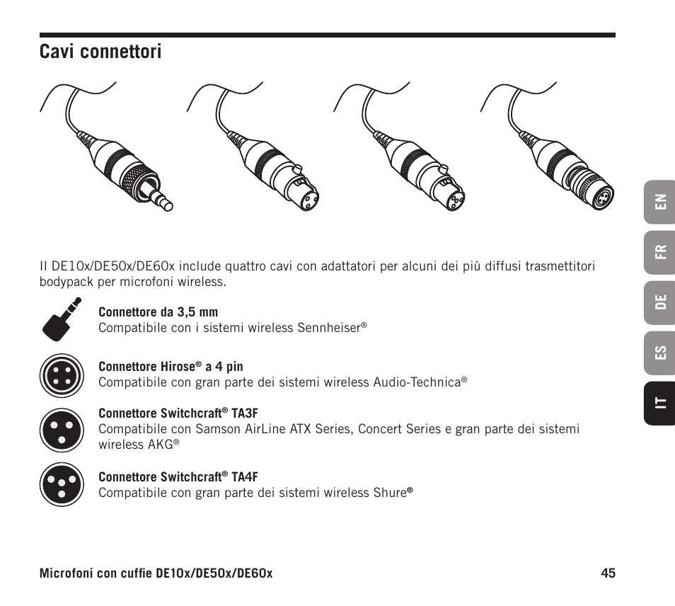 Cavi connettori | Samson DE10x Omnidirectional Miniature Headset Microphone for Wireless Transmitters (Beige) User Manual | Page 45 / 52