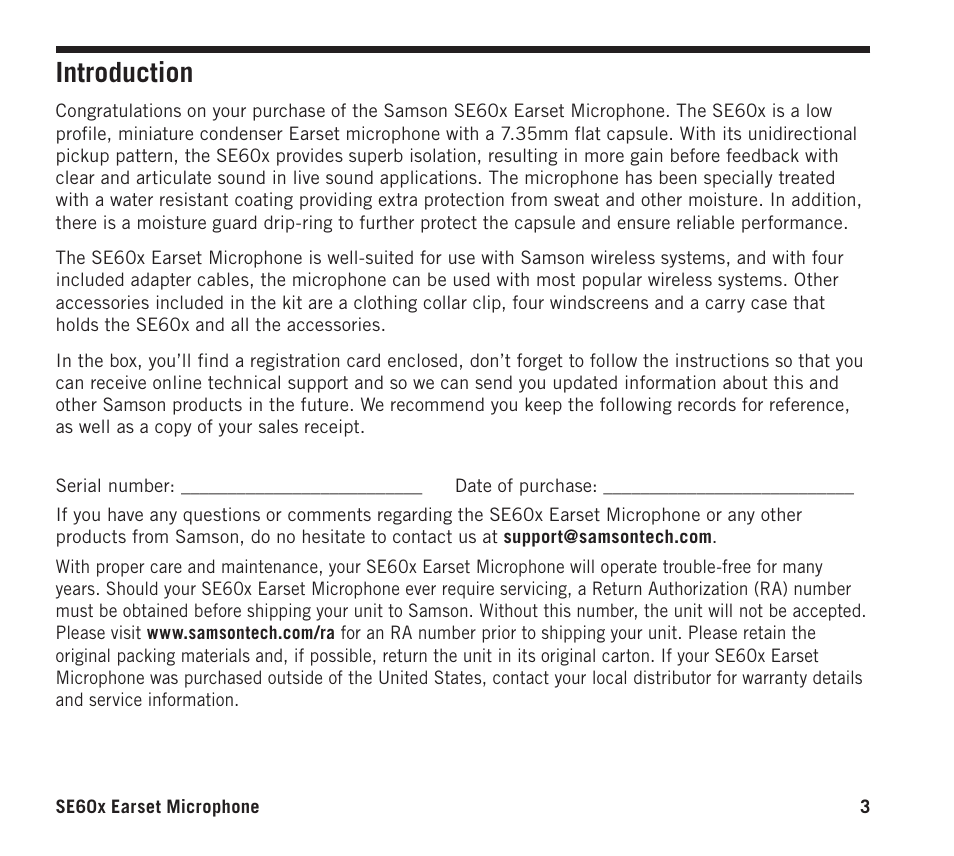 Introduction | Samson SE60x Unidirectional Miniature Earset Microphone for Wireless Transmitters User Manual | Page 3 / 8