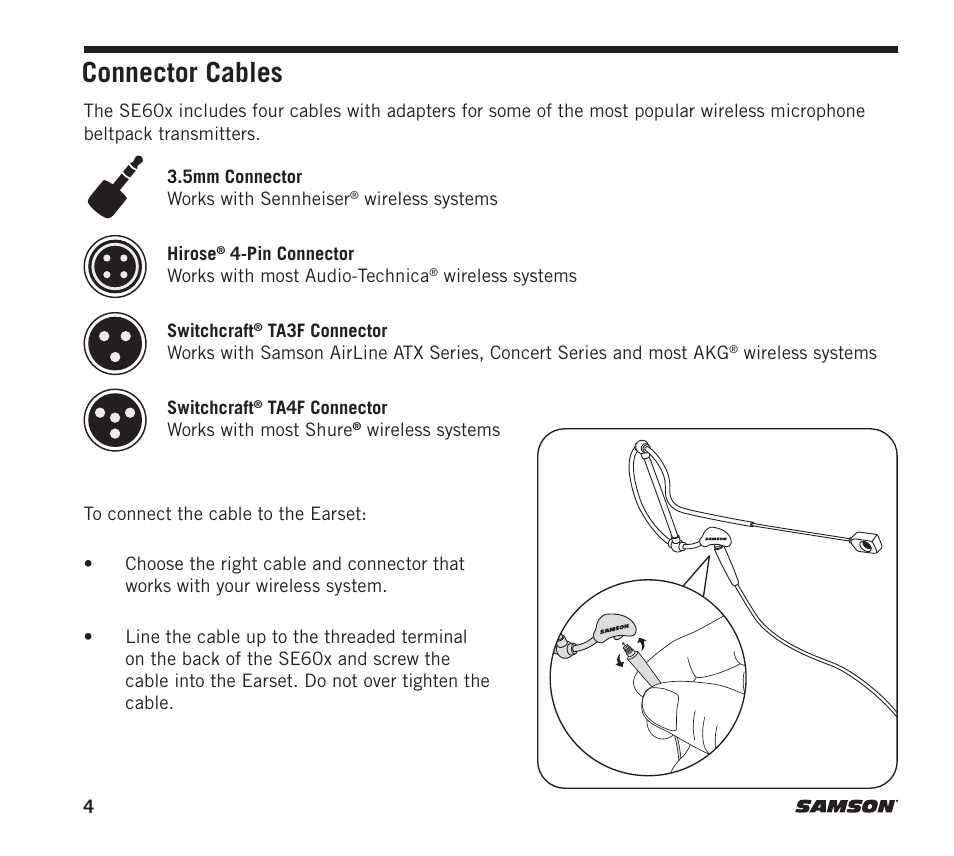 Connector cables | Samson SE60x Unidirectional Miniature Earset Microphone for Wireless Transmitters User Manual | Page 4 / 8