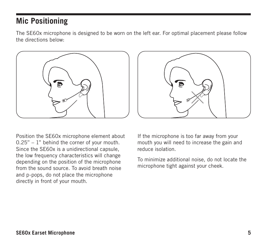 Mic positioning | Samson SE60x Unidirectional Miniature Earset Microphone for Wireless Transmitters User Manual | Page 5 / 8