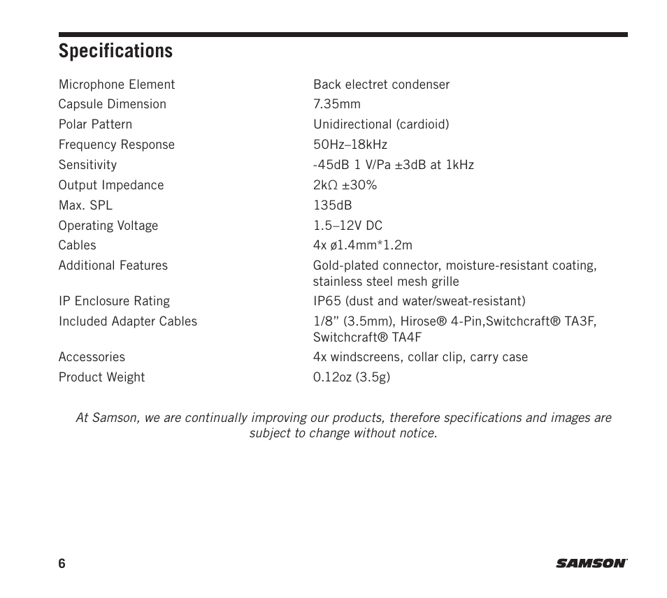 Specifications | Samson SE60x Unidirectional Miniature Earset Microphone for Wireless Transmitters User Manual | Page 6 / 8