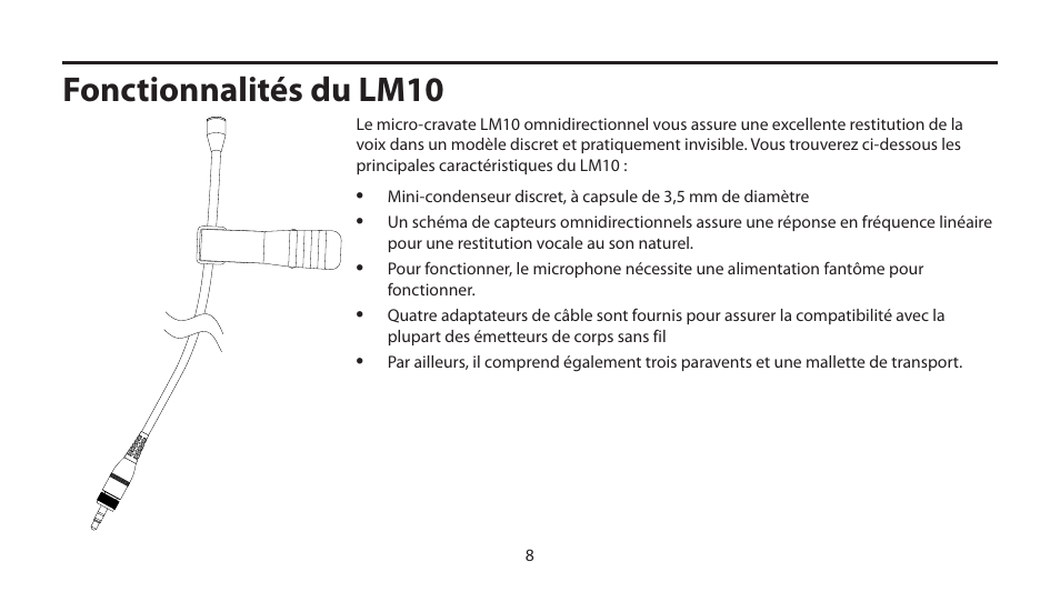 Fonctionnalités du lm10 | Samson LM10 Omnidirectional Lavalier Microphone for Wireless User Manual | Page 8 / 24