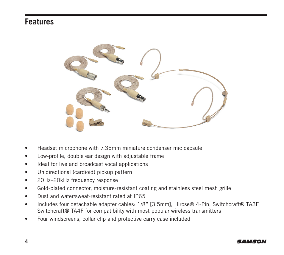 Features | Samson DE60x Unidirectional Miniature Headset Microphone for Wireless Transmitters User Manual | Page 4 / 12