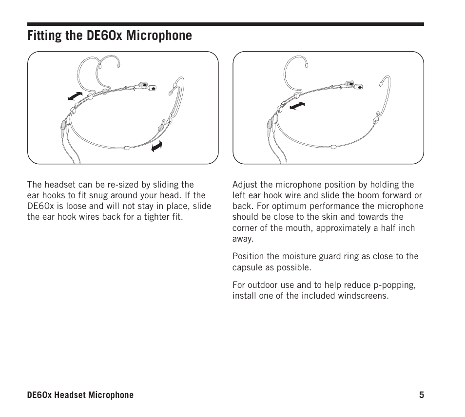 Fitting the de60x microphone | Samson DE60x Unidirectional Miniature Headset Microphone for Wireless Transmitters User Manual | Page 5 / 12