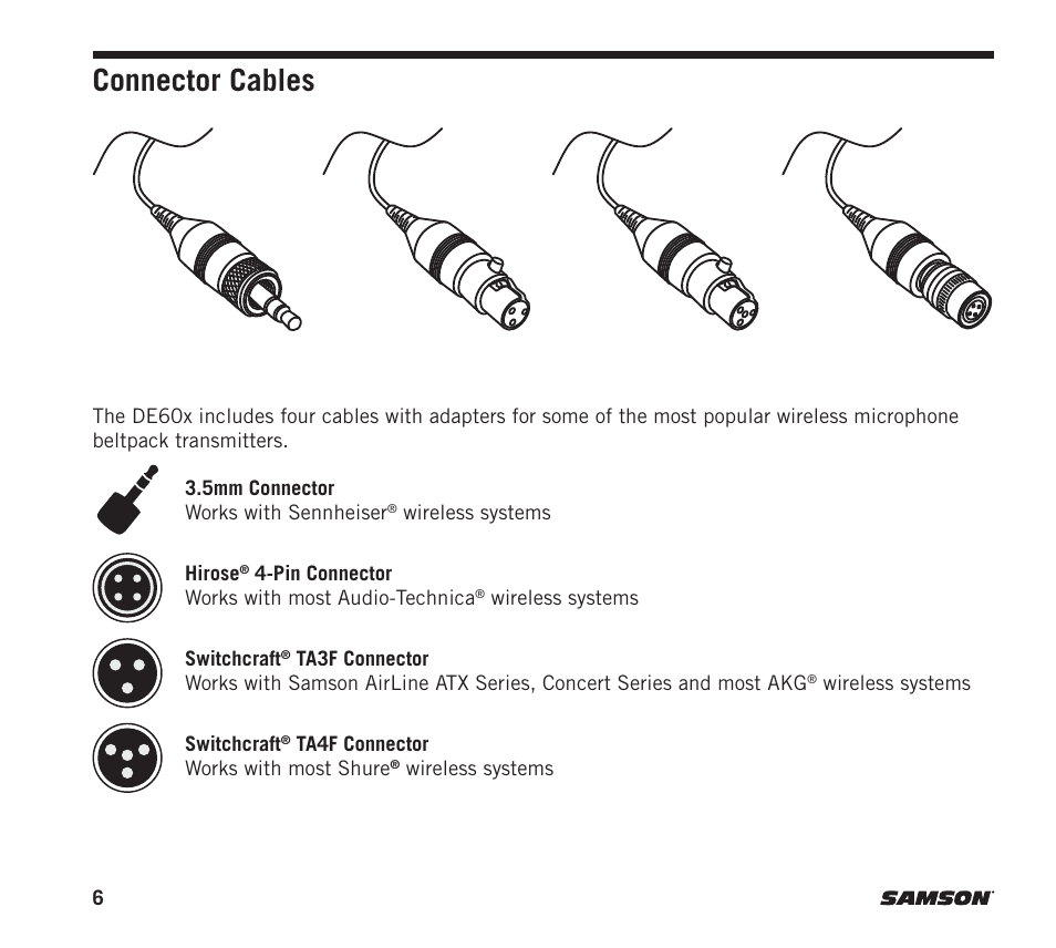Connector cables | Samson DE60x Unidirectional Miniature Headset Microphone for Wireless Transmitters User Manual | Page 6 / 12