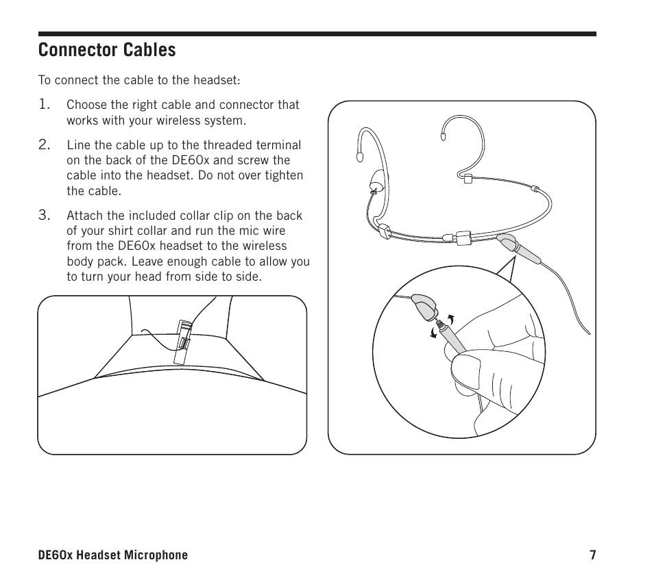 Connector cables | Samson DE60x Unidirectional Miniature Headset Microphone for Wireless Transmitters User Manual | Page 7 / 12