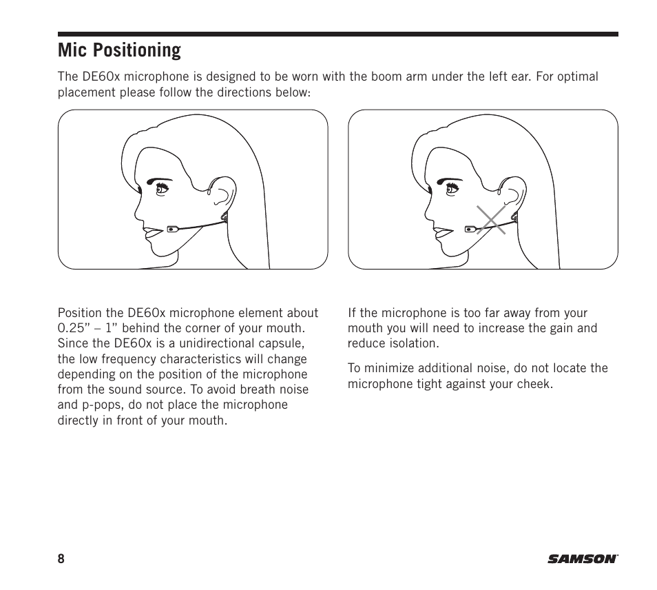 Mic positioning | Samson DE60x Unidirectional Miniature Headset Microphone for Wireless Transmitters User Manual | Page 8 / 12