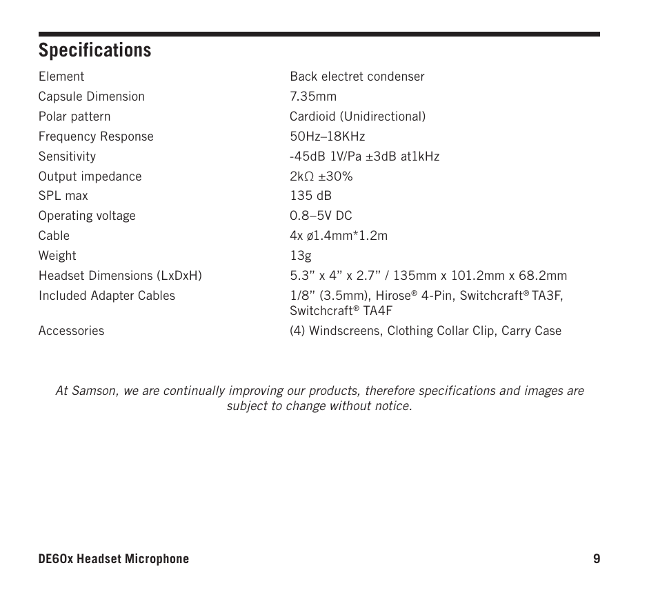 Specifications | Samson DE60x Unidirectional Miniature Headset Microphone for Wireless Transmitters User Manual | Page 9 / 12