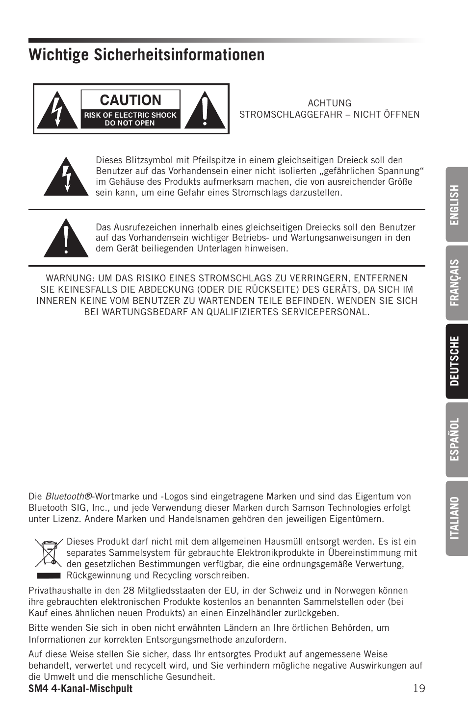 Wichtige sicherheitsinformationen | Samson SM4 4-Channel Rack-Mountable Mixer with Bluetooth User Manual | Page 21 / 48