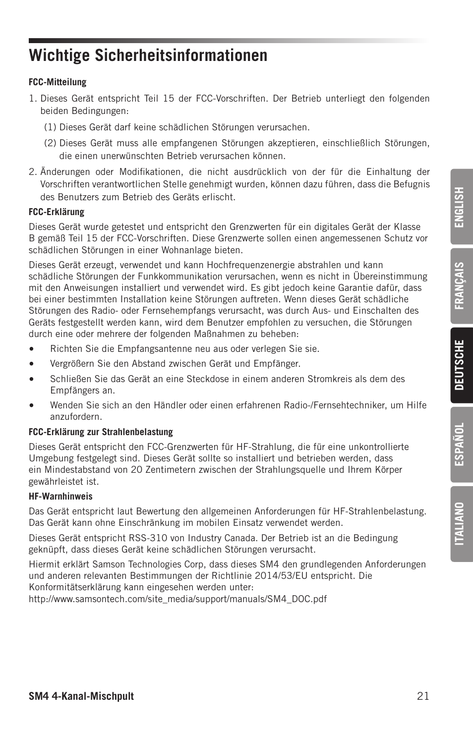 Wichtige sicherheitsinformationen | Samson SM4 4-Channel Rack-Mountable Mixer with Bluetooth User Manual | Page 23 / 48