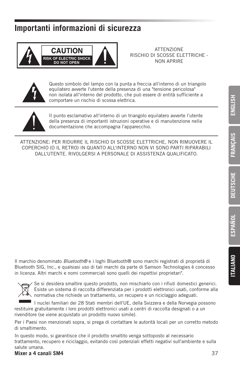 Importanti informazioni di sicurezza | Samson SM4 4-Channel Rack-Mountable Mixer with Bluetooth User Manual | Page 39 / 48