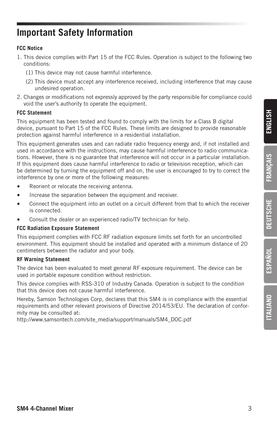 Important safety information | Samson SM4 4-Channel Rack-Mountable Mixer with Bluetooth User Manual | Page 5 / 48