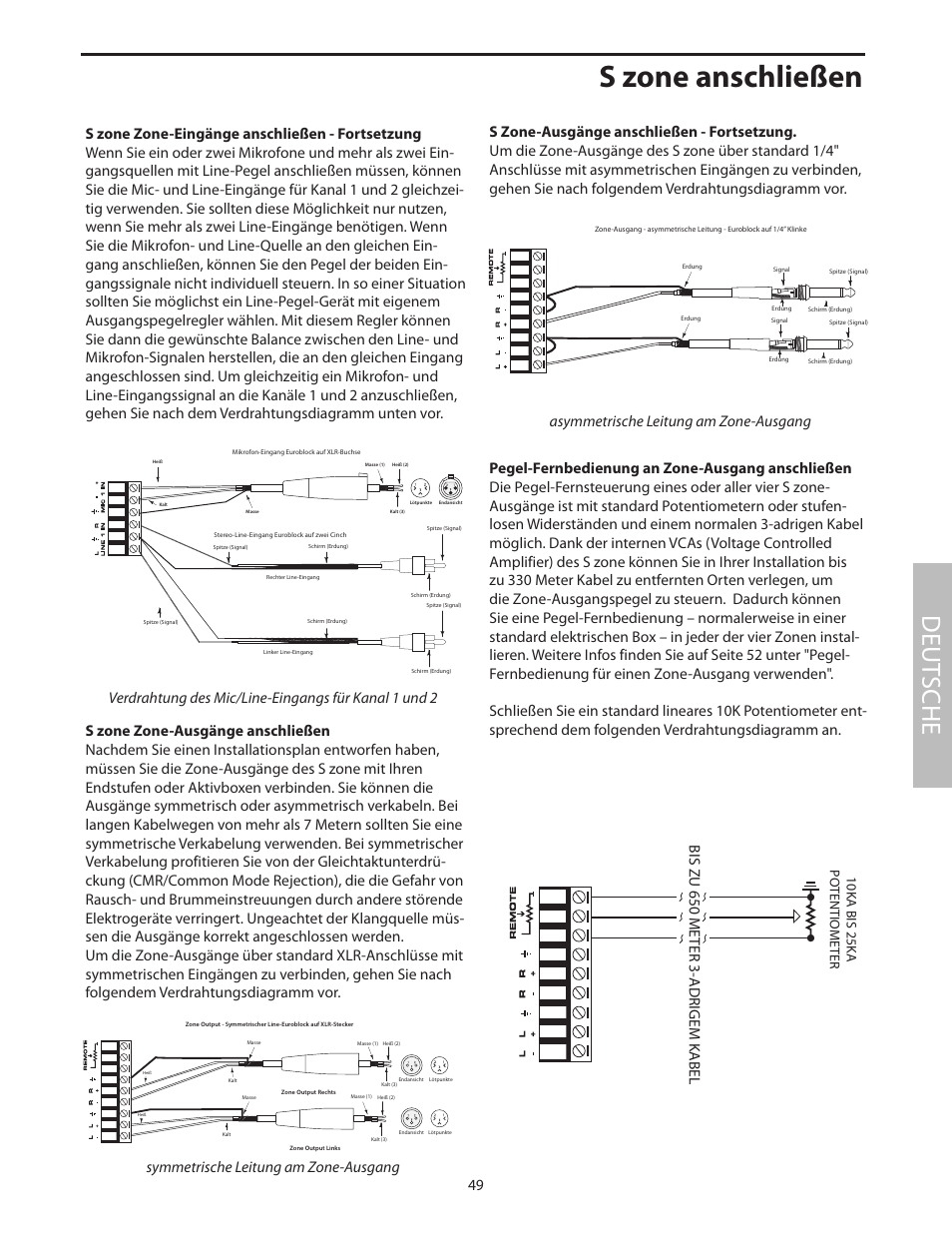 S zone zone-ausgänge anschließen, S zone-ausgänge anschließen - fortsetzung, Pegel-fernbedienung an zone-ausgang anschließen | S zone anschließen, Deut sche, Symmetrische leitung am zone-ausgang, Bis zu 650 meter 3-adrigem k abel | Samson SZONE 4 Channel/4 Zone Stereo Mixer User Manual | Page 53 / 108
