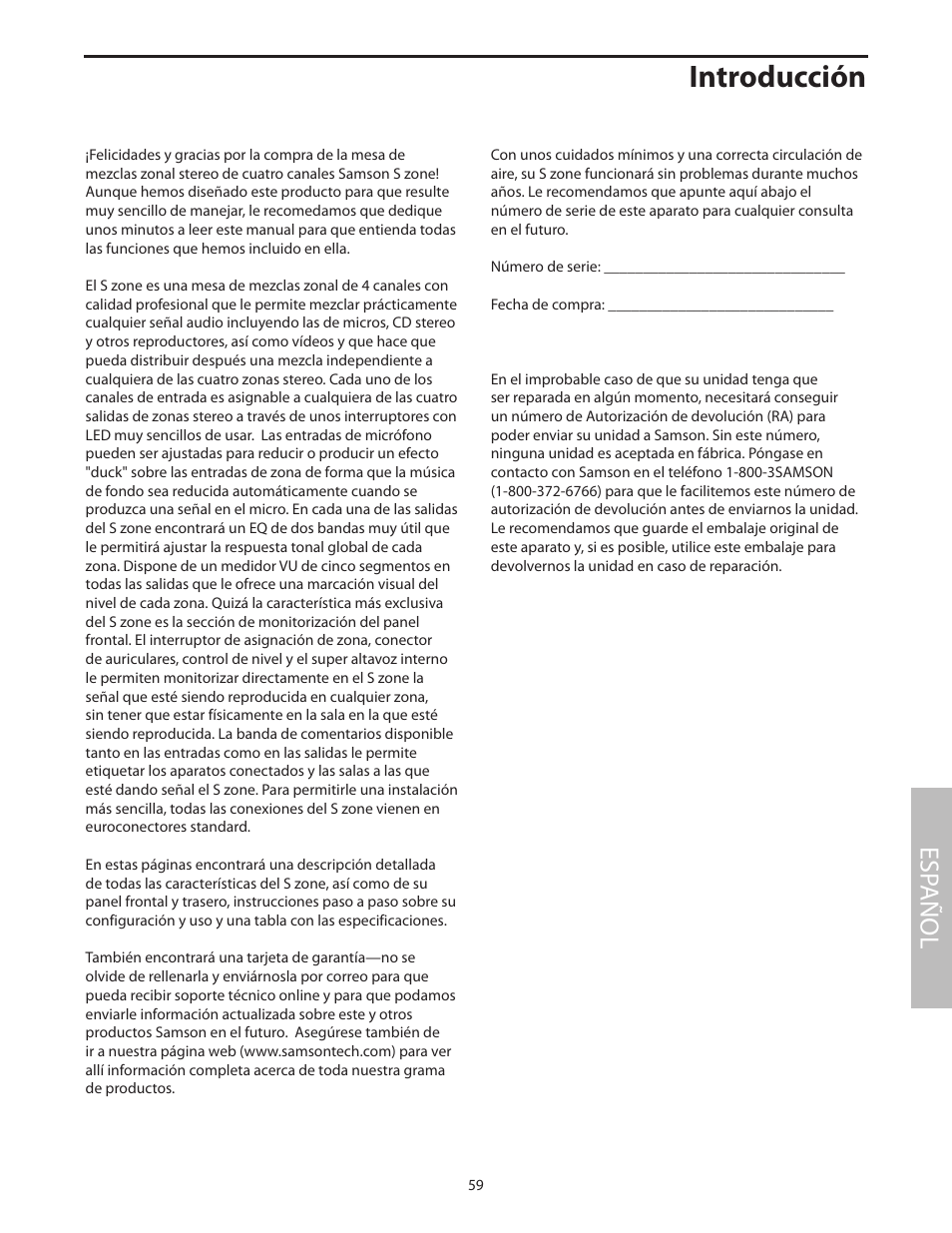 Español, Introducción, Esp añol | Samson SZONE 4 Channel/4 Zone Stereo Mixer User Manual | Page 63 / 108