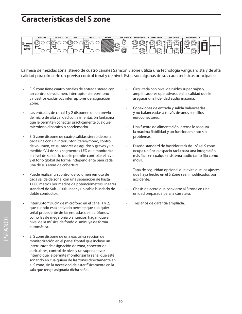 Características del s zone, Esp añol | Samson SZONE 4 Channel/4 Zone Stereo Mixer User Manual | Page 64 / 108
