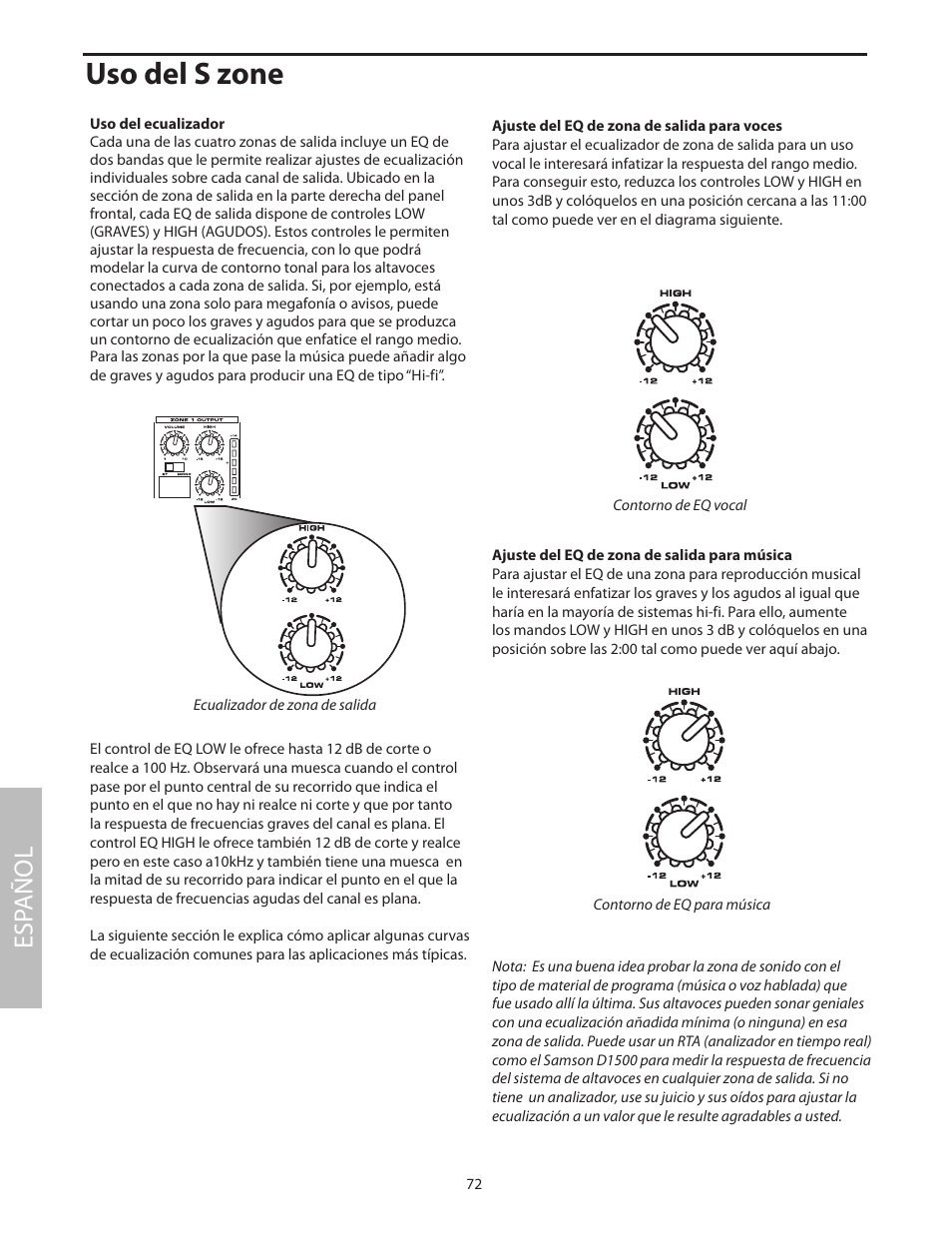 Uso del ecualizador, Uso del s zone, Esp añol | Samson SZONE 4 Channel/4 Zone Stereo Mixer User Manual | Page 76 / 108