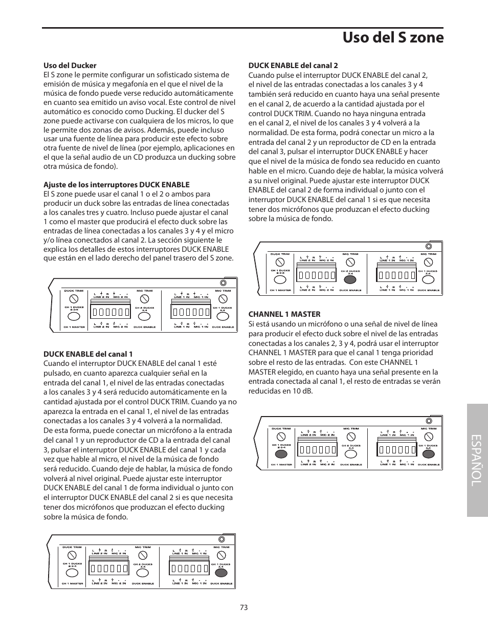 Uso del ducker, Uso del s zone, Esp añol | Samson SZONE 4 Channel/4 Zone Stereo Mixer User Manual | Page 77 / 108