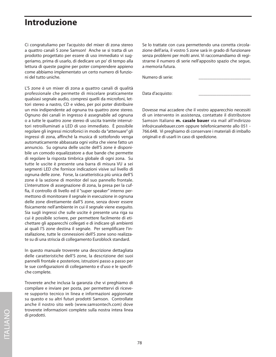 Italiano, Introduzione, It aliano | Samson SZONE 4 Channel/4 Zone Stereo Mixer User Manual | Page 82 / 108