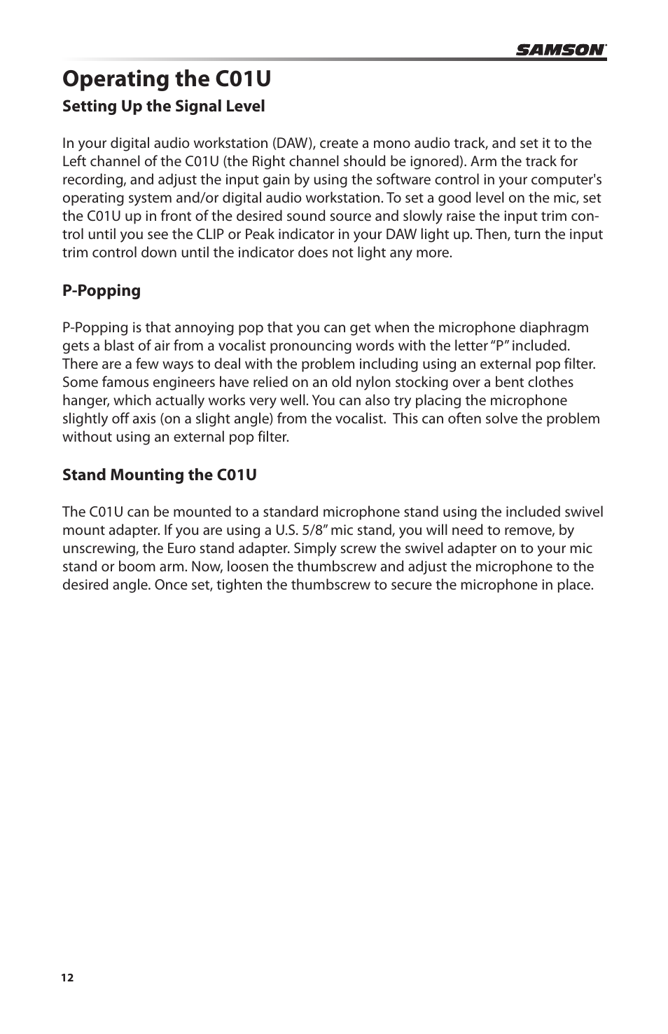 Operating the c01u | Samson C01U Pro USB Studio Condenser Microphone (Silver) User Manual | Page 12 / 64