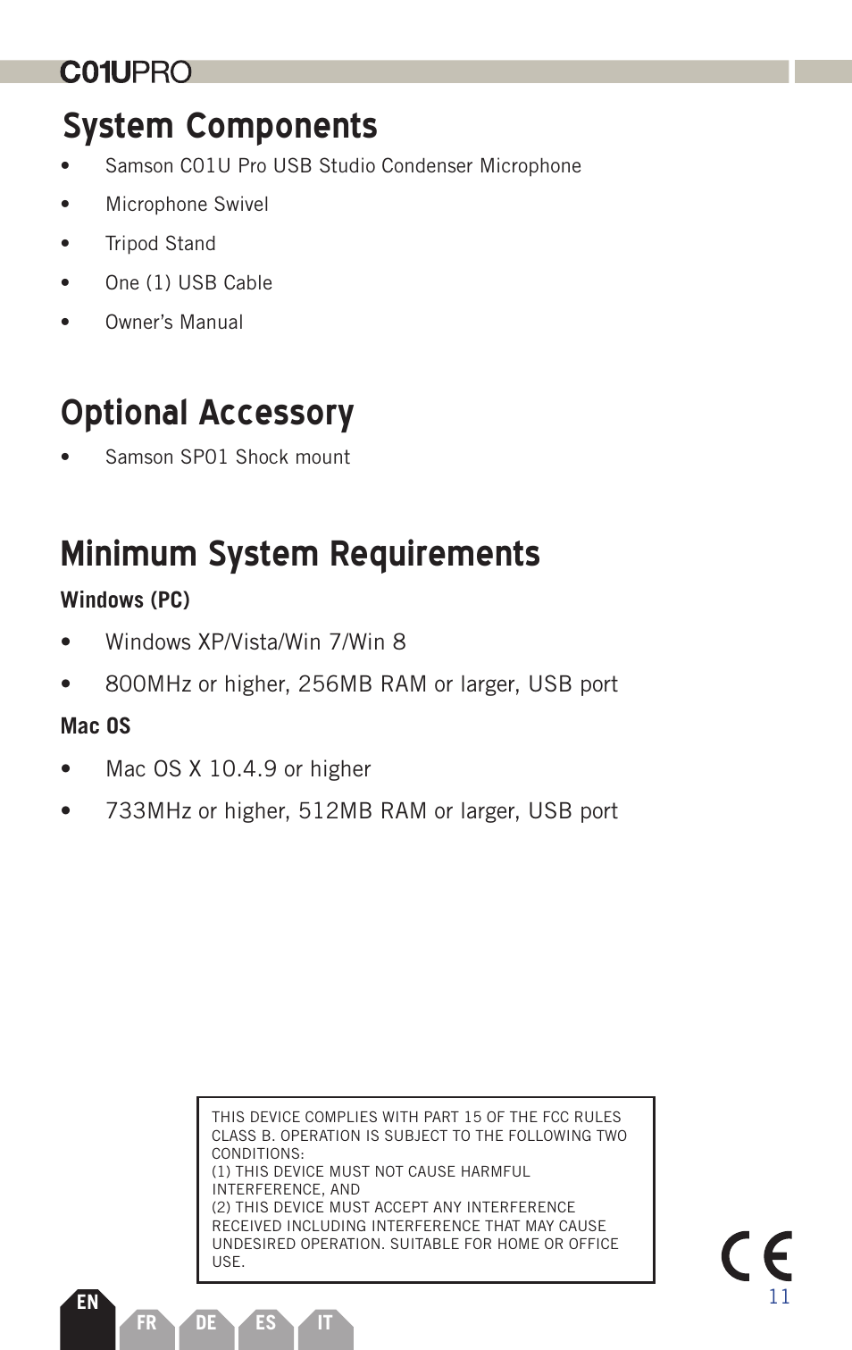 System components, Optional accessory, Minimum system requirements | Samson C01U Pro USB Studio Condenser Microphone (Silver) User Manual | Page 11 / 11