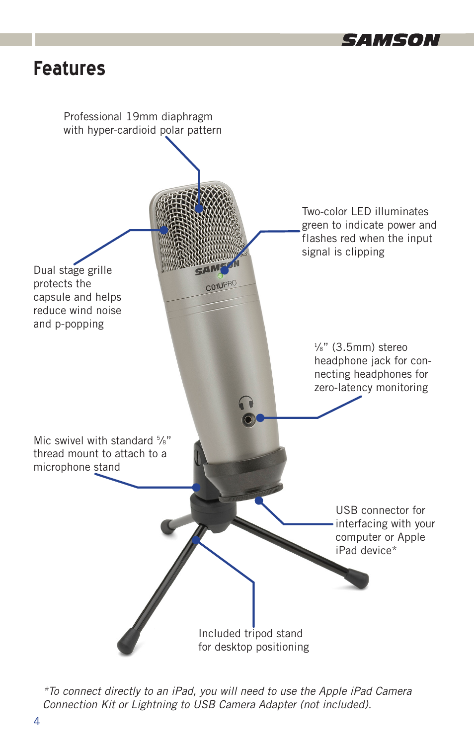 Features | Samson C01U Pro USB Studio Condenser Microphone (Silver) User Manual | Page 4 / 11