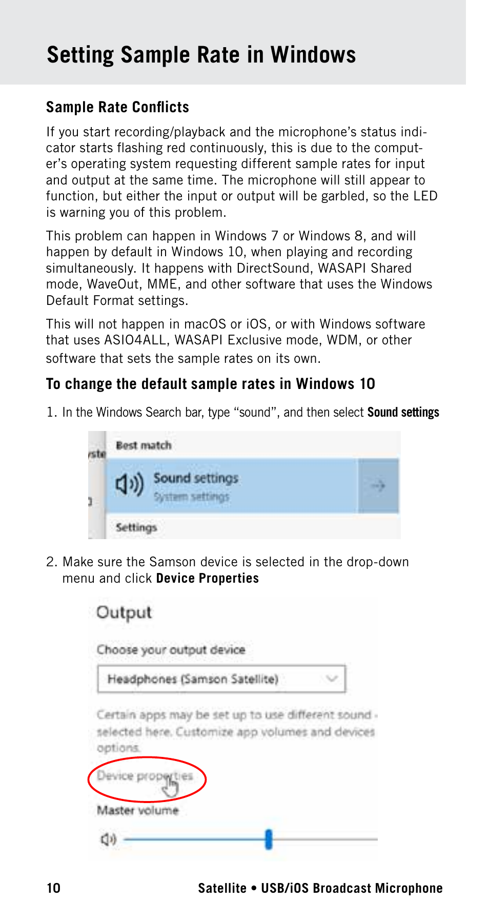 Setting sample rate in windows | Samson Satellite USB/iOS Broadcast Microphone User Manual | Page 10 / 88