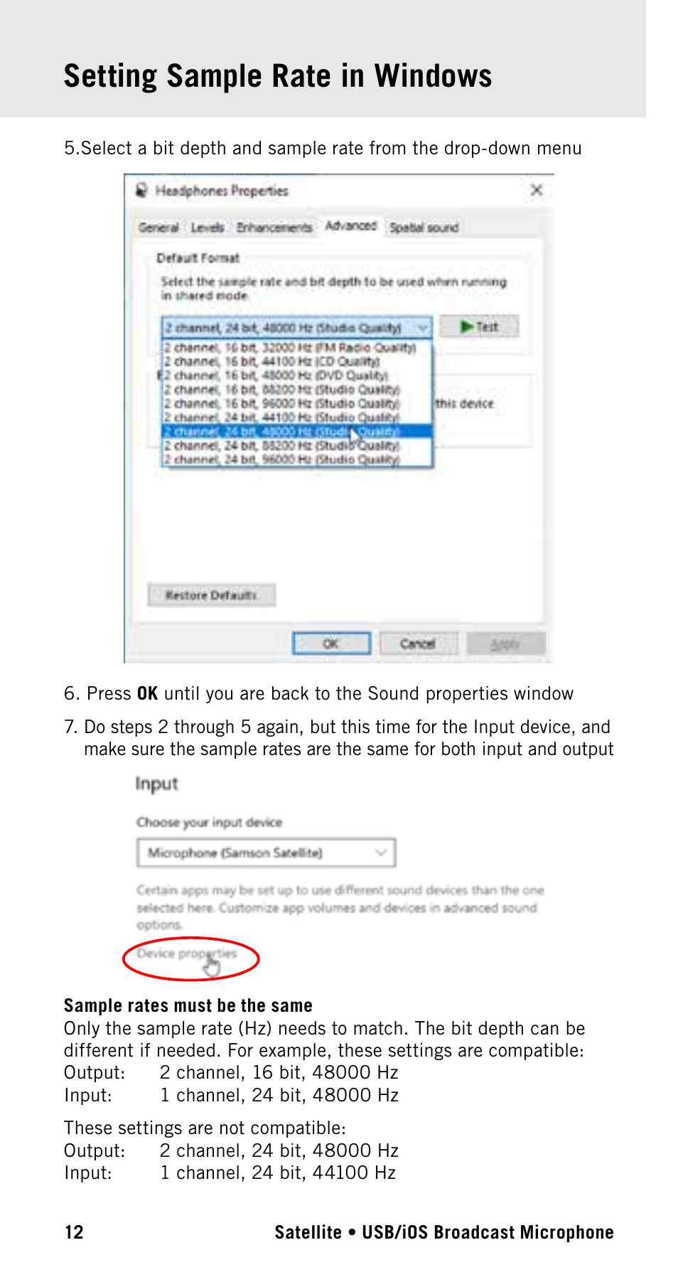 Setting sample rate in windows | Samson Satellite USB/iOS Broadcast Microphone User Manual | Page 12 / 88