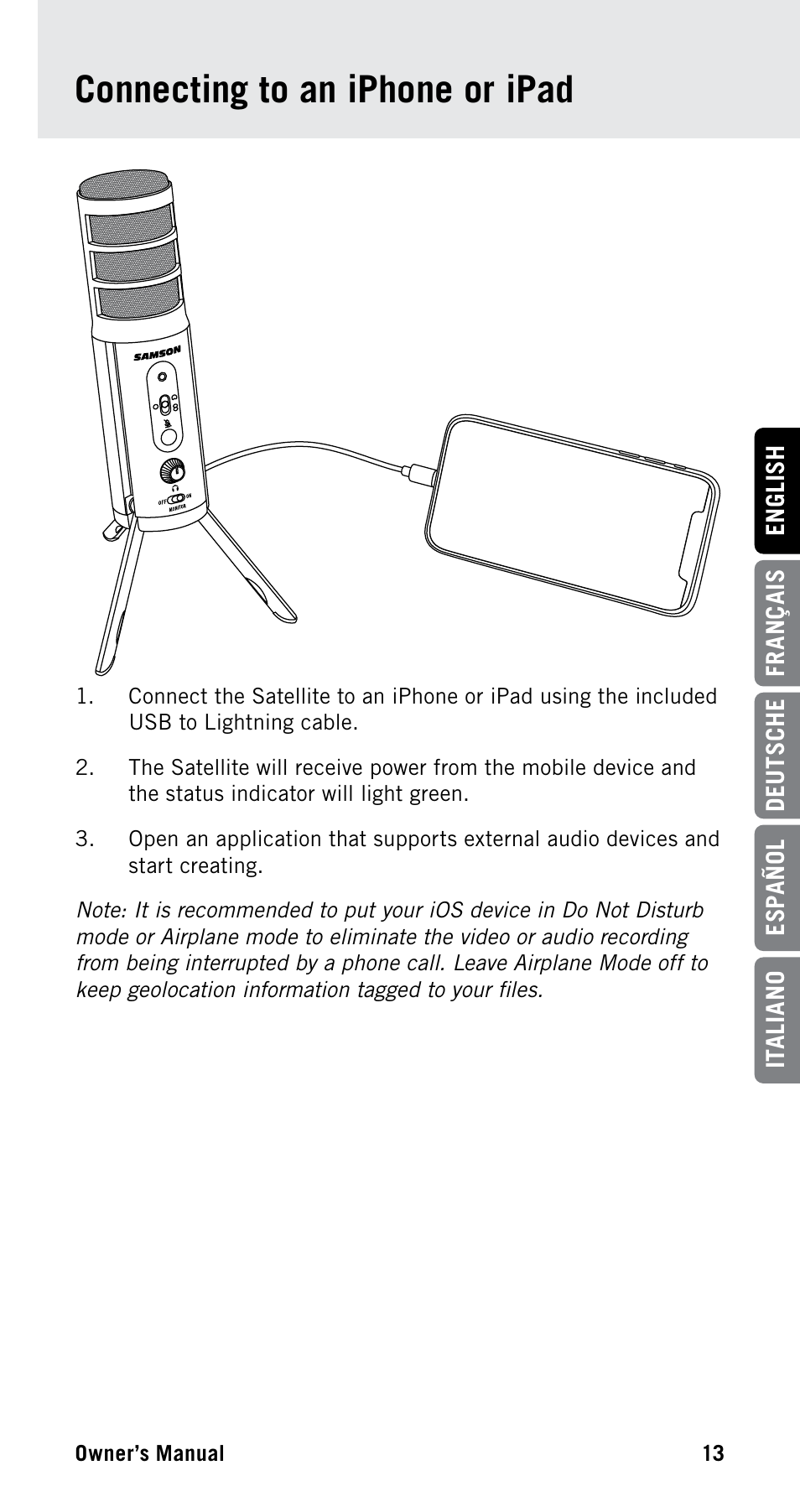 Connecting to an iphone or ipad | Samson Satellite USB/iOS Broadcast Microphone User Manual | Page 13 / 88