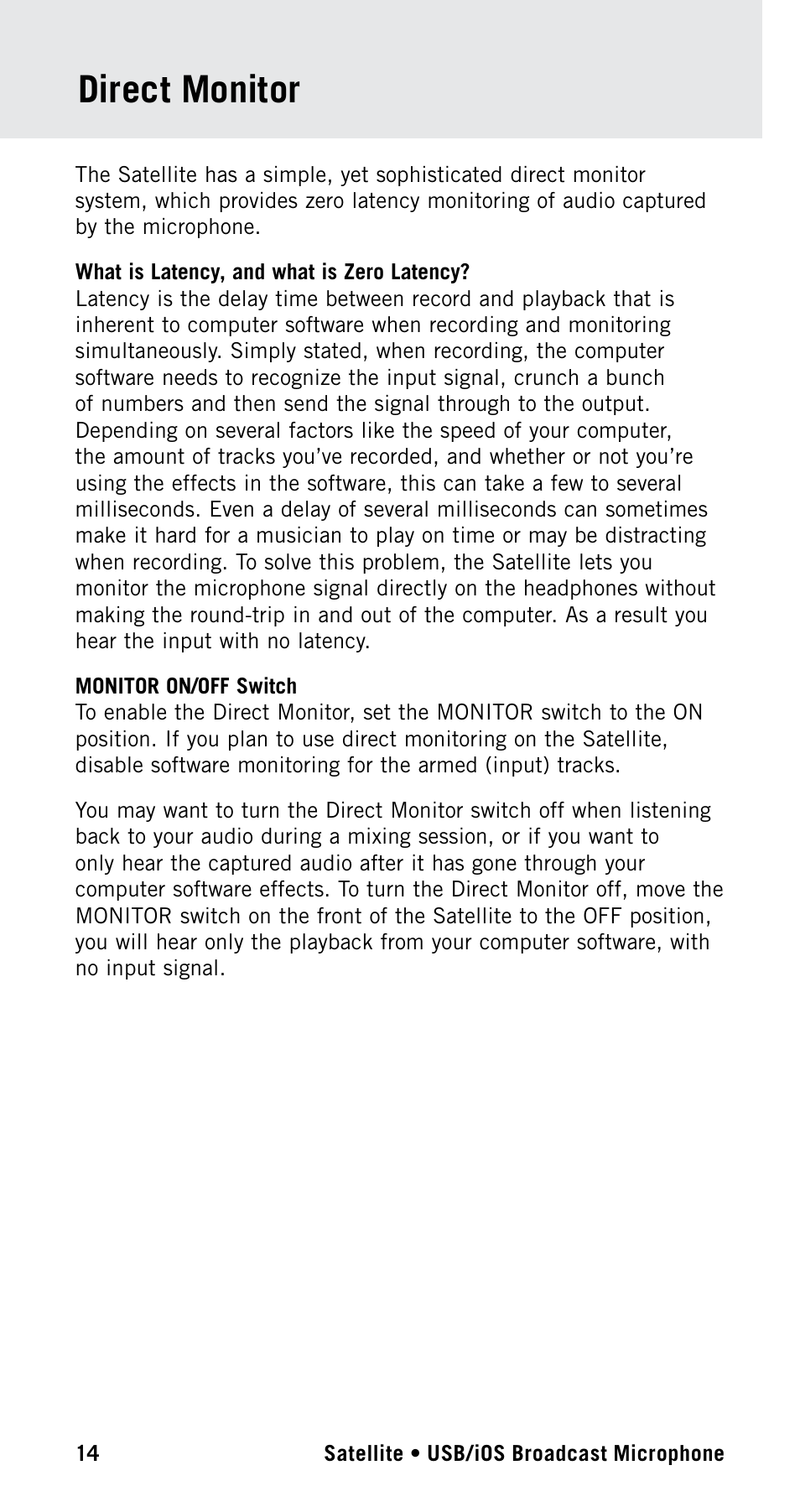 Direct monitor | Samson Satellite USB/iOS Broadcast Microphone User Manual | Page 14 / 88
