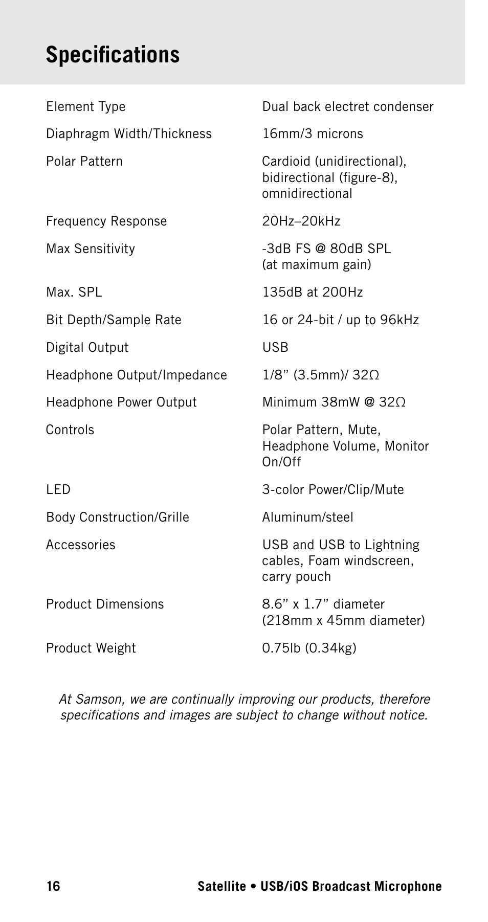 Specifications | Samson Satellite USB/iOS Broadcast Microphone User Manual | Page 16 / 88