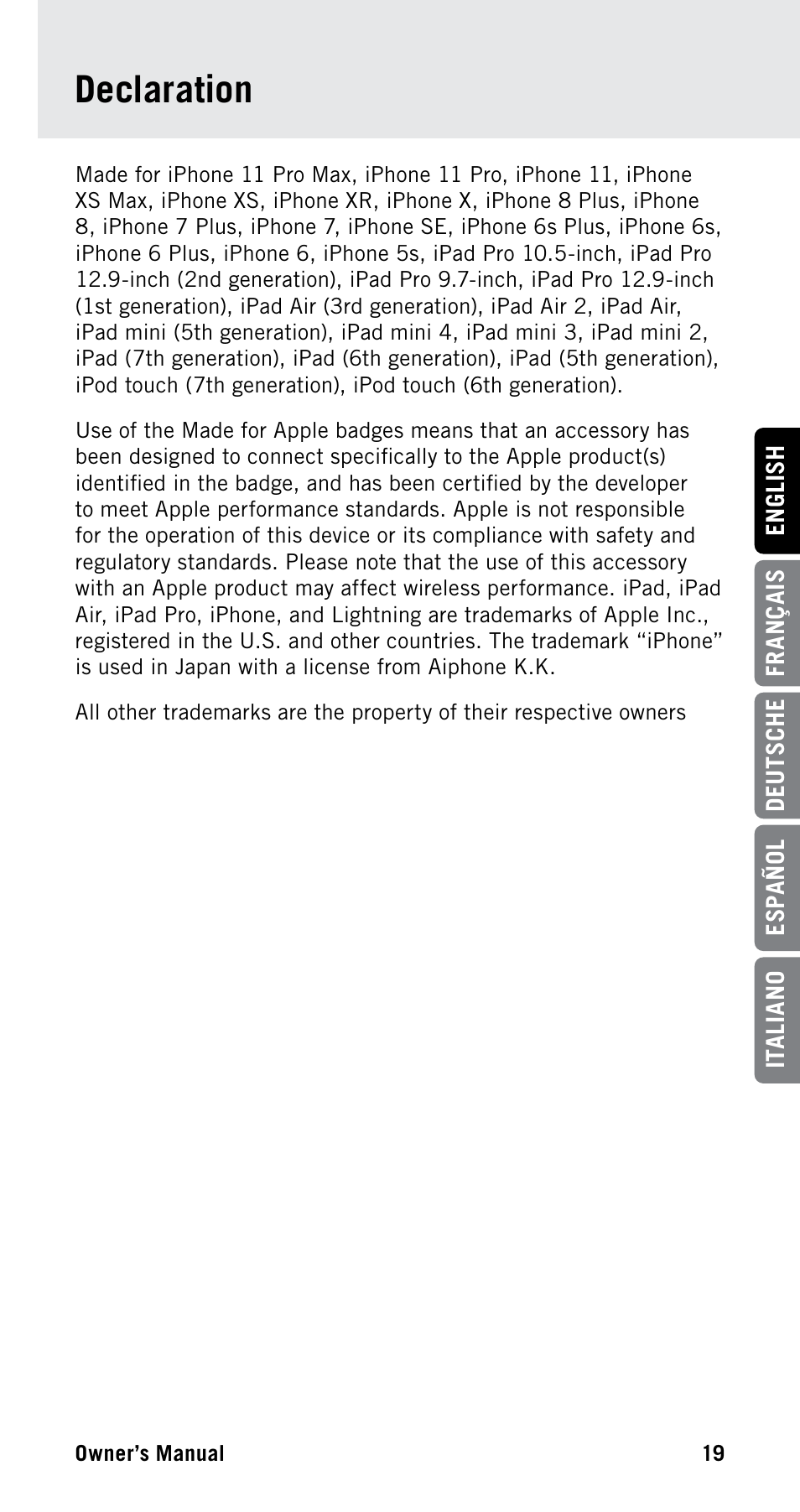 Declaration | Samson Satellite USB/iOS Broadcast Microphone User Manual | Page 19 / 88