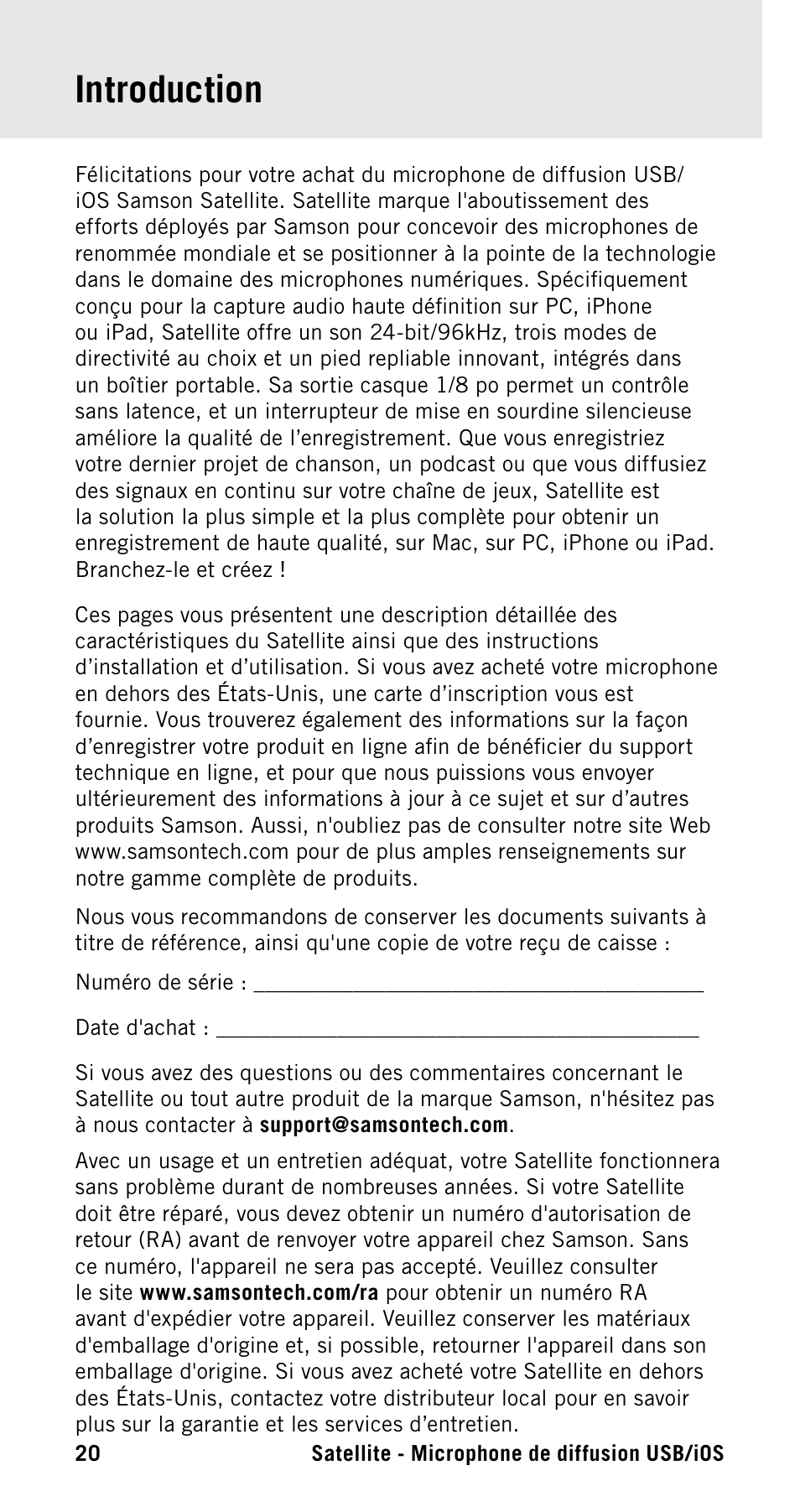 Introduction | Samson Satellite USB/iOS Broadcast Microphone User Manual | Page 20 / 88
