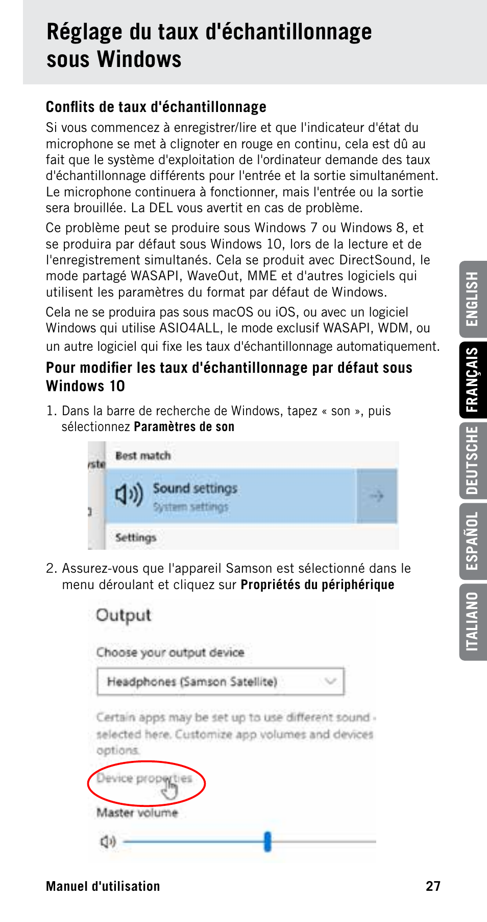 Réglage du taux d'échantillonnage sous windows | Samson Satellite USB/iOS Broadcast Microphone User Manual | Page 27 / 88