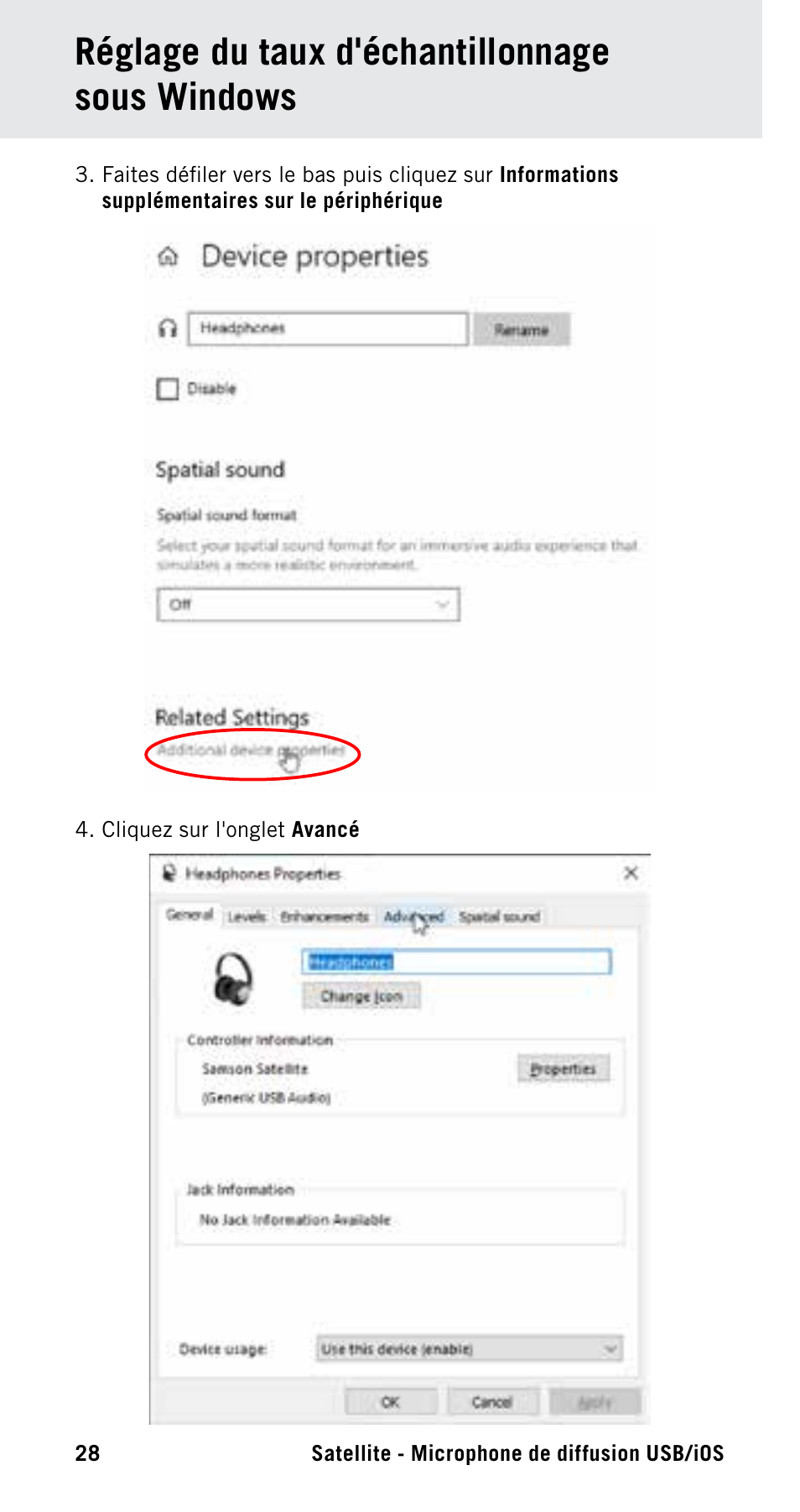 Réglage du taux d'échantillonnage sous windows | Samson Satellite USB/iOS Broadcast Microphone User Manual | Page 28 / 88