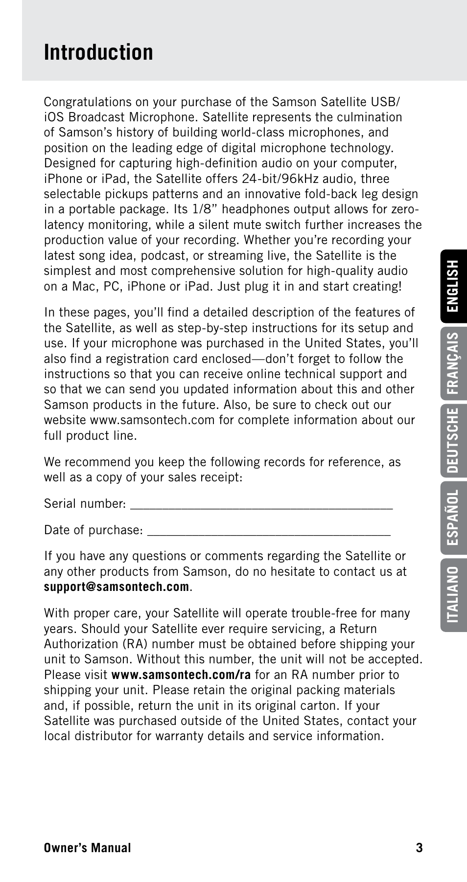 Introduction | Samson Satellite USB/iOS Broadcast Microphone User Manual | Page 3 / 88
