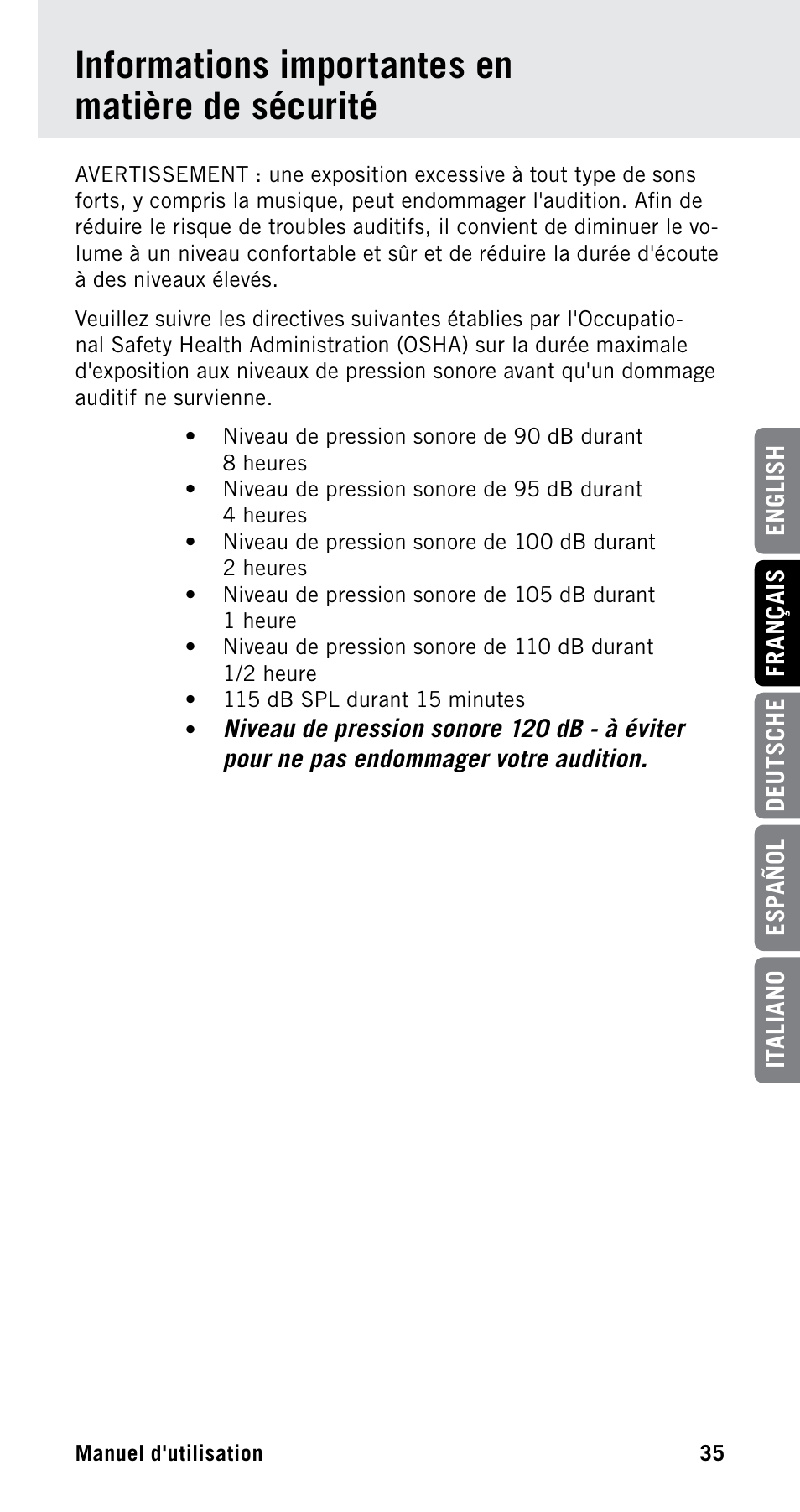 Informations importantes en matière de sécurité | Samson Satellite USB/iOS Broadcast Microphone User Manual | Page 35 / 88