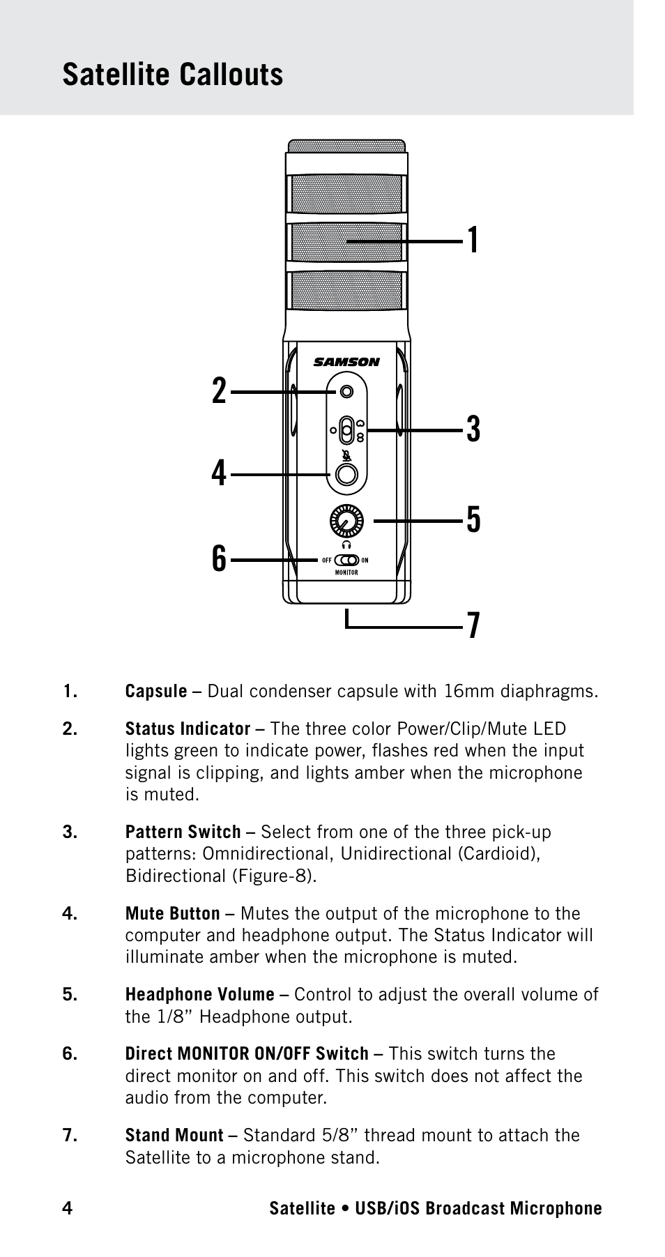 Satellite callouts | Samson Satellite USB/iOS Broadcast Microphone User Manual | Page 4 / 88