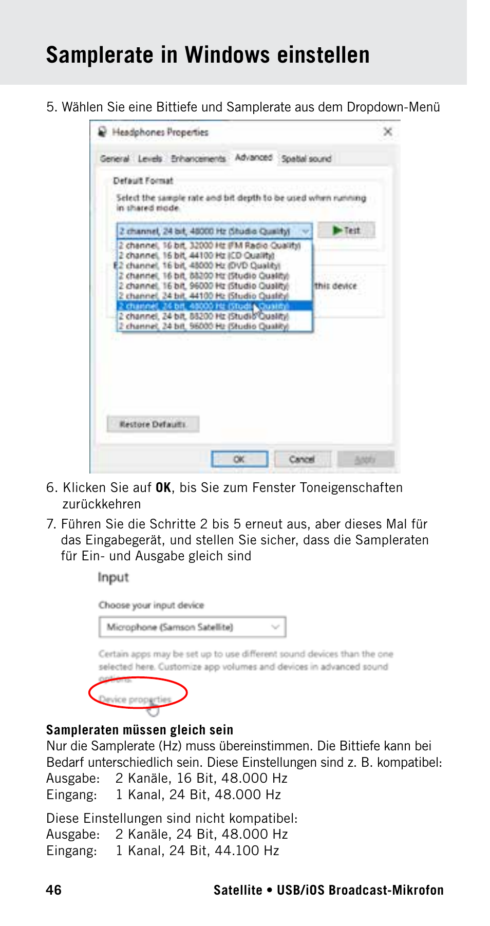 Samplerate in windows einstellen | Samson Satellite USB/iOS Broadcast Microphone User Manual | Page 46 / 88