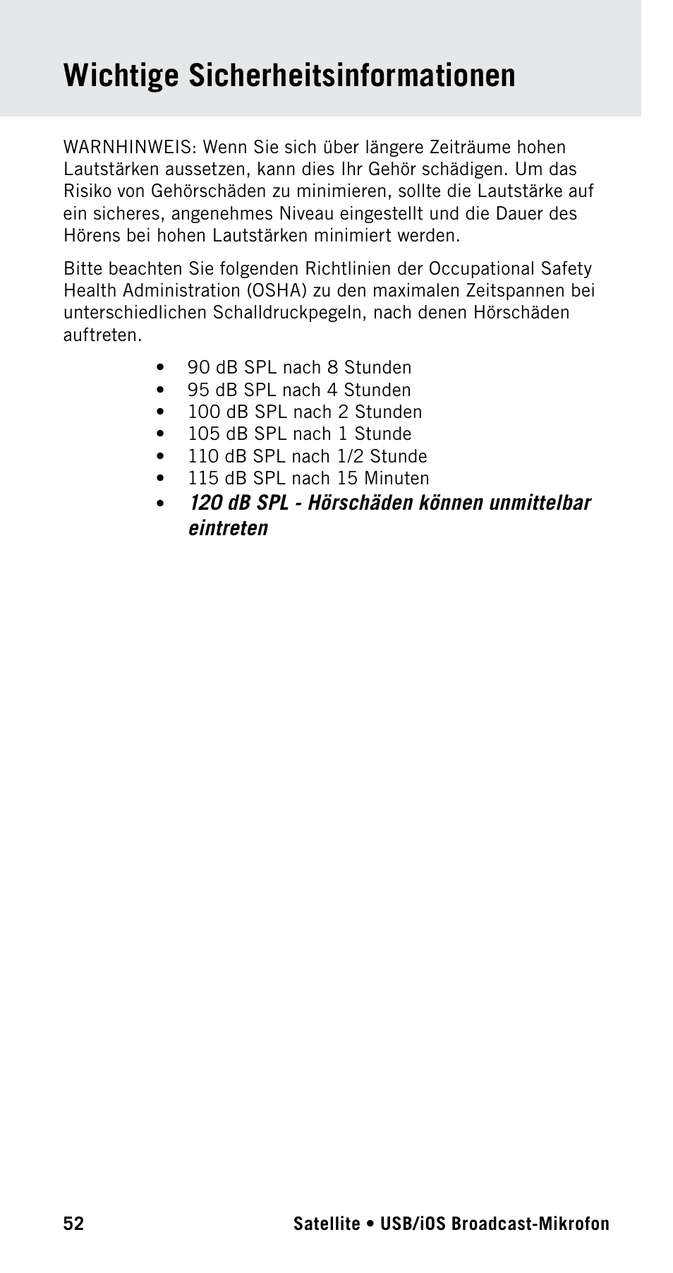Wichtige sicherheitsinformationen | Samson Satellite USB/iOS Broadcast Microphone User Manual | Page 52 / 88