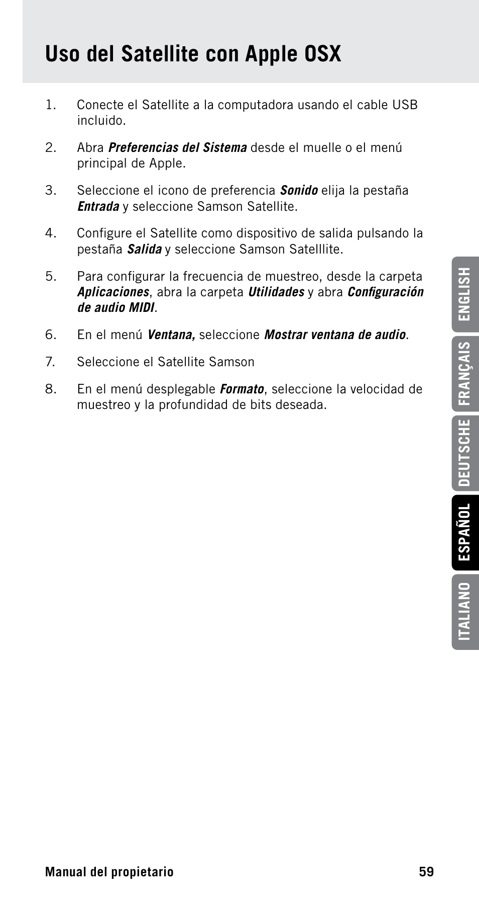 Uso del satellite con apple osx | Samson Satellite USB/iOS Broadcast Microphone User Manual | Page 59 / 88
