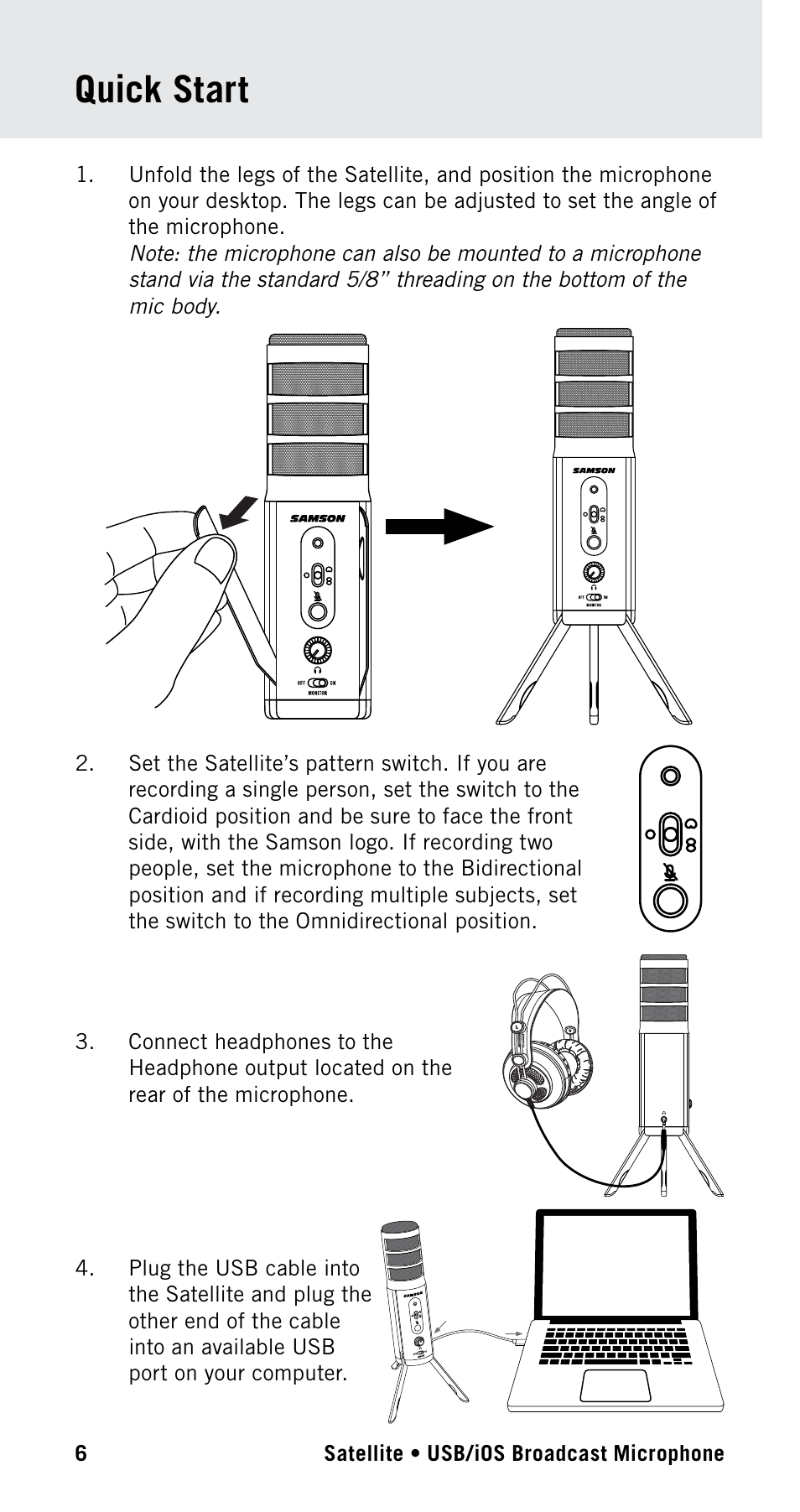 Quick start | Samson Satellite USB/iOS Broadcast Microphone User Manual | Page 6 / 88