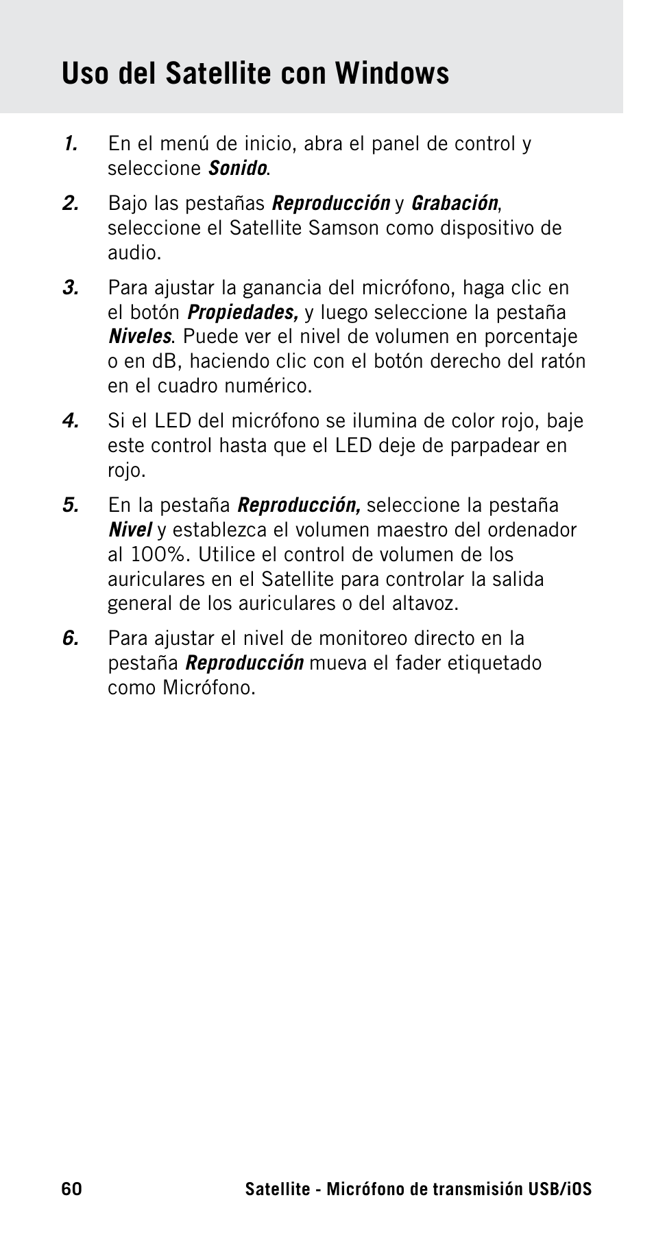 Uso del satellite con windows | Samson Satellite USB/iOS Broadcast Microphone User Manual | Page 60 / 88