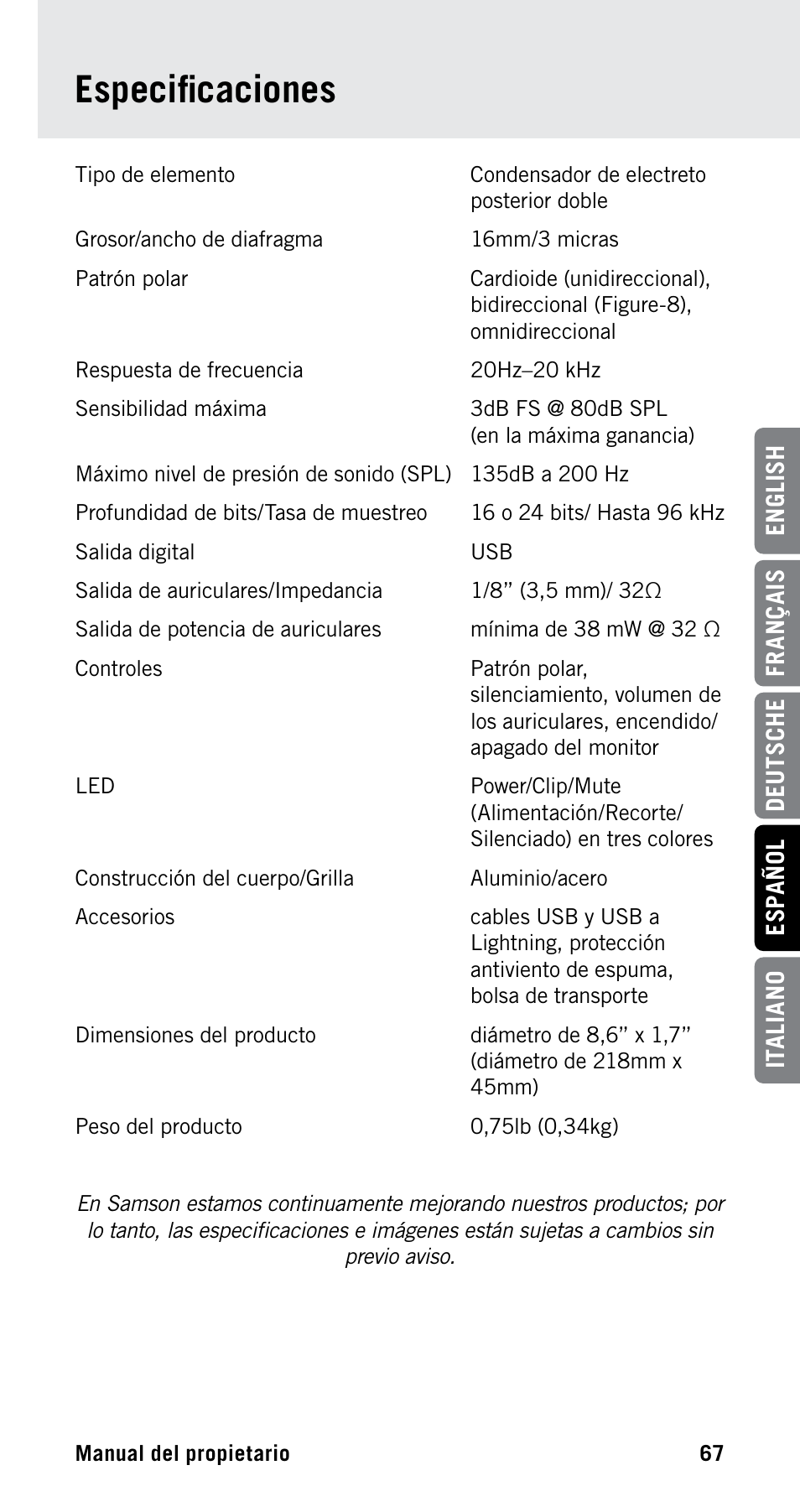 Especificaciones | Samson Satellite USB/iOS Broadcast Microphone User Manual | Page 67 / 88