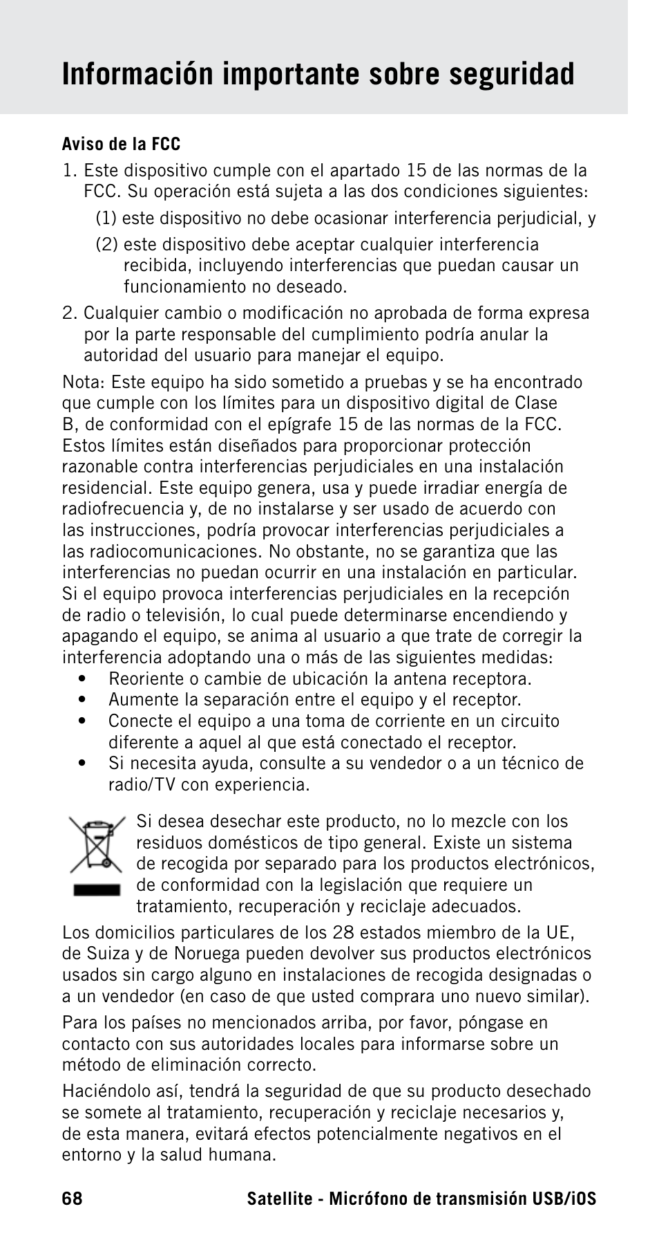 Información importante sobre seguridad | Samson Satellite USB/iOS Broadcast Microphone User Manual | Page 68 / 88
