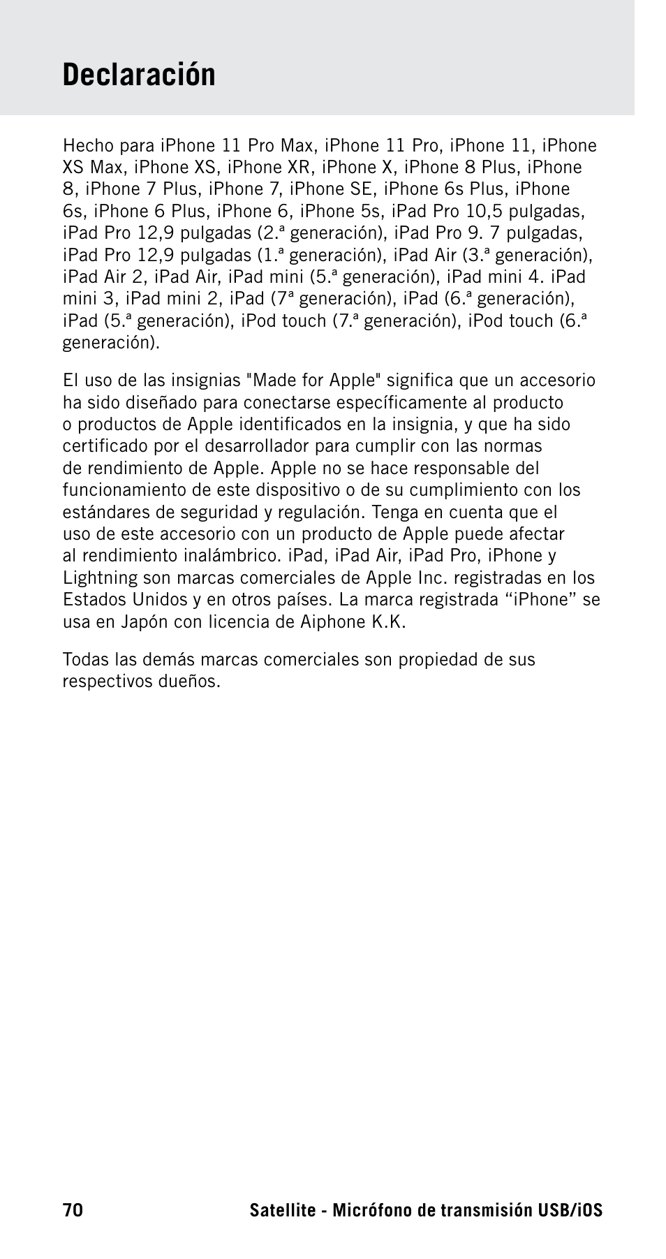 Declaración | Samson Satellite USB/iOS Broadcast Microphone User Manual | Page 70 / 88