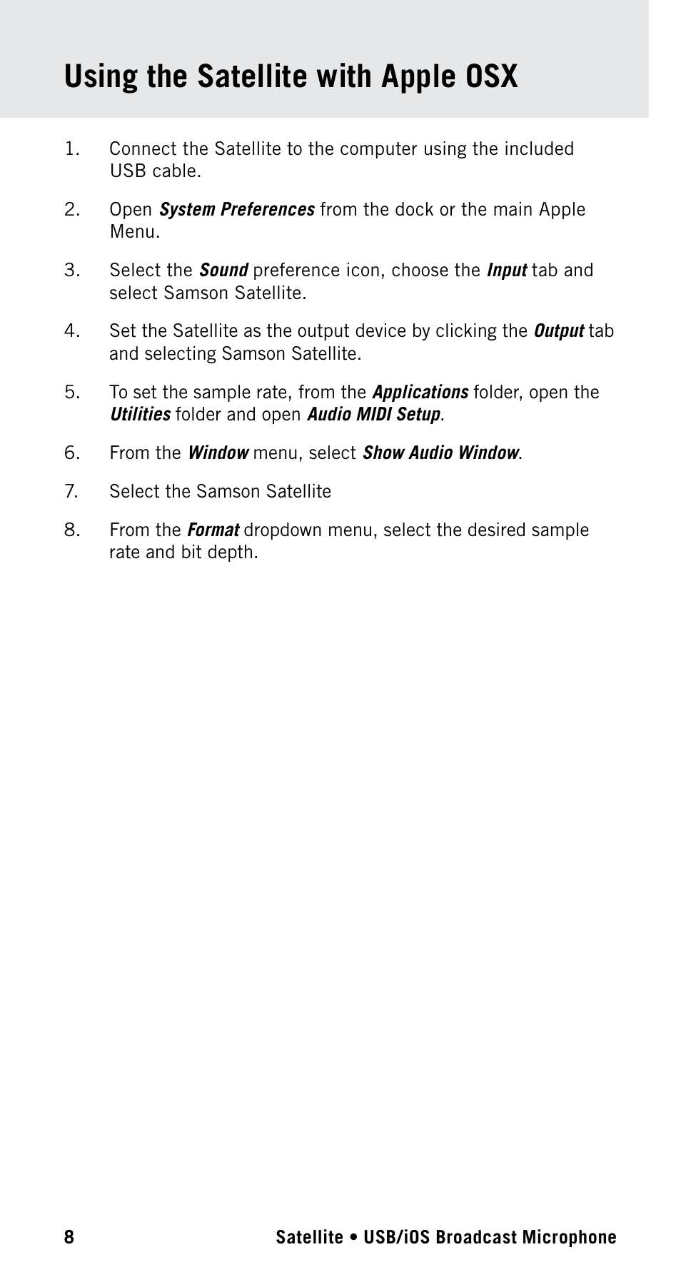 Using the satellite with apple osx | Samson Satellite USB/iOS Broadcast Microphone User Manual | Page 8 / 88