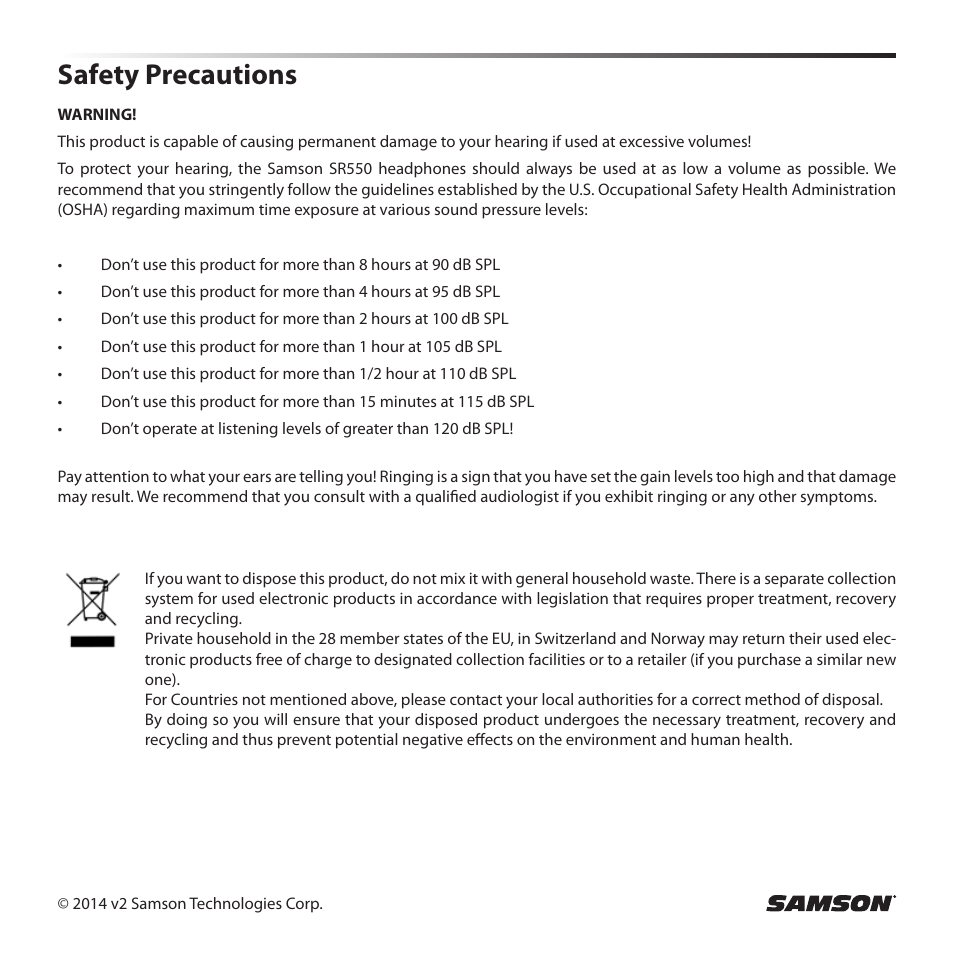 Safety precautions | Samson SR 550 Over-Ear Studio Headphones User Manual | Page 2 / 16