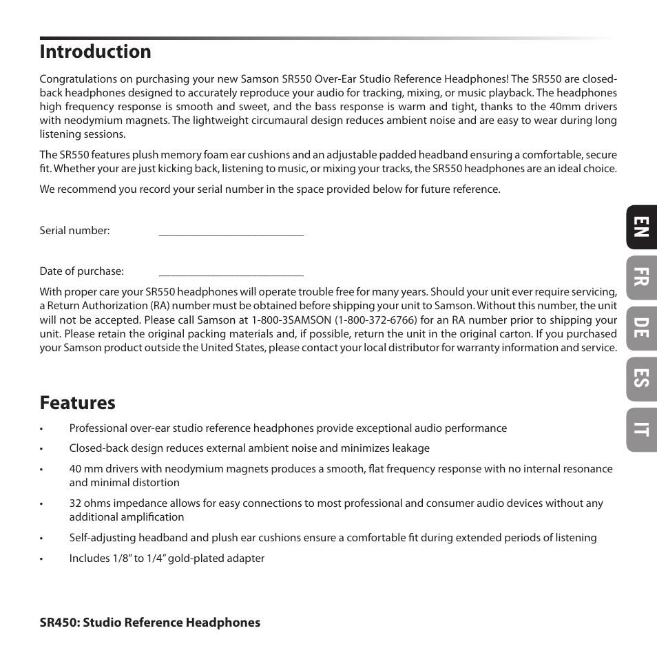 En fr de es it introduction, Features | Samson SR 550 Over-Ear Studio Headphones User Manual | Page 3 / 16