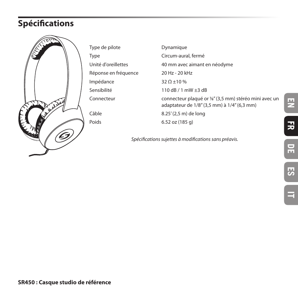 En fr de es it, Spécifications | Samson SR 550 Over-Ear Studio Headphones User Manual | Page 7 / 16